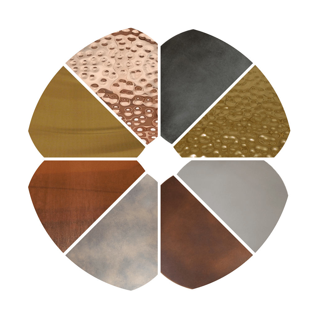Collage of 8 metal finishes - Designs 05 Metal table top finishes including copper, zinc and brass