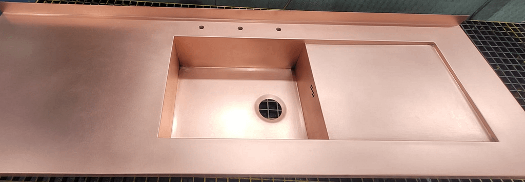 Seamless Copper Sink and Drainer – Custom Fabrication - Designs 05 Custom copper kitchen sink and drainer with integrated seamless design