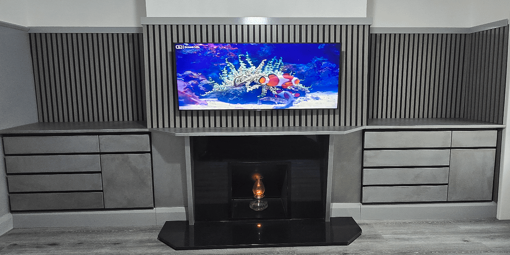 Zinc living room makeover with light patina panels - Designs 05 Zinc living room makeover with bespoke light patina panels and custom fireplace surround