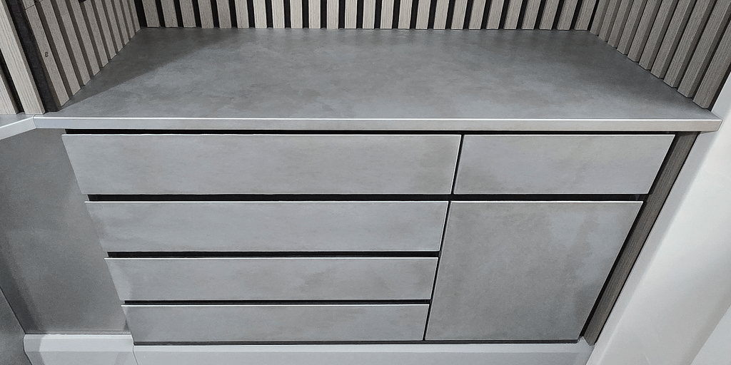 Zinc drawer fronts with light patina finish - Designs 05 Zinc drawer fronts and cabinet panels with light patina finish