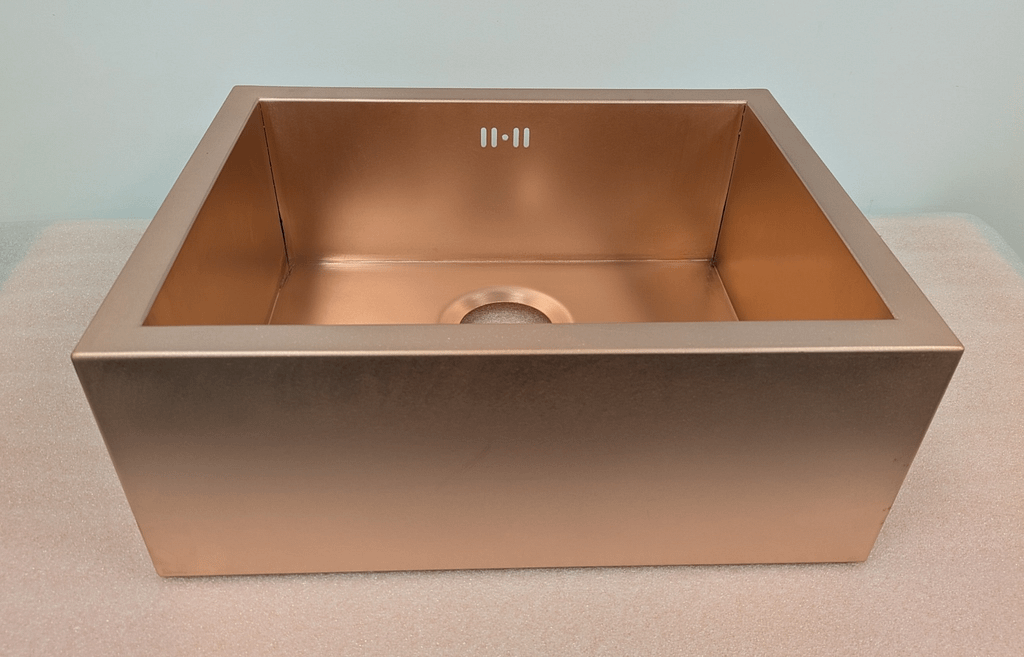 Copper Butler Belfast Sink with Overflow - Designs 05 Handcrafted copper Belfast sink with a brushed finish in a contemporary kitchen setting