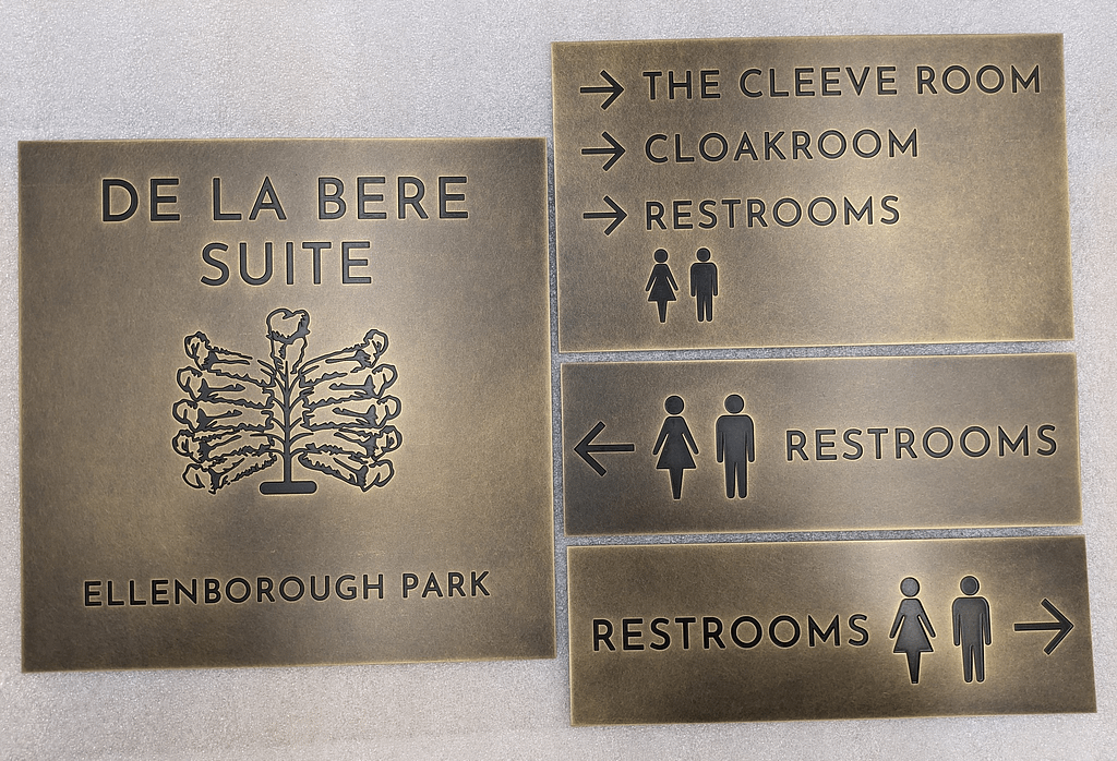 Antique Brass Wayfinding Sign – Vintage Style - Designs 05 vintage metal wayfinding sign in antique brass with engraved lettering for interior navigation.