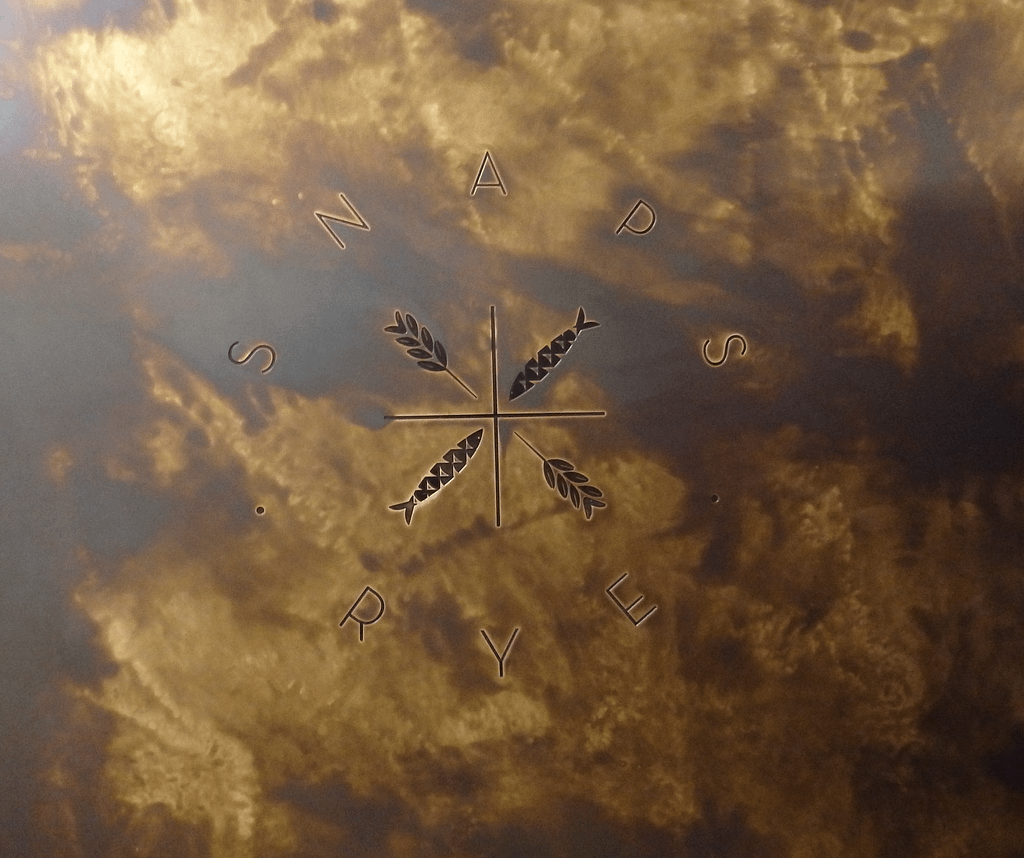 Engraved Vintage Brass Logo Sign – Snaps + Rye Restaurant - Designs 05 Aged brass logo sign with deep engraving for Snaps + Rye restaurant