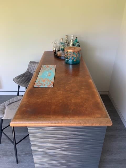 Aged Copper Counter Top with Bull-Nosed Edge Aged copper counter top with a 5cm diameter bull-nosed edge