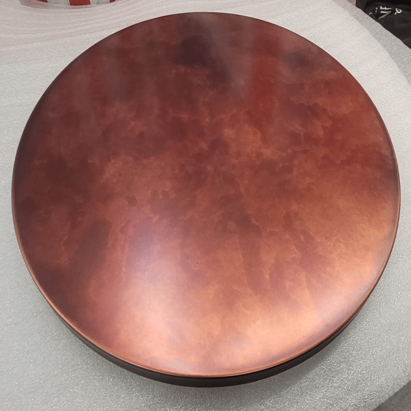 Phosphor bronze table top in workshop — PB102 - Designs 05 Patinated phosphor bronze table top in workshop prior to final assembly